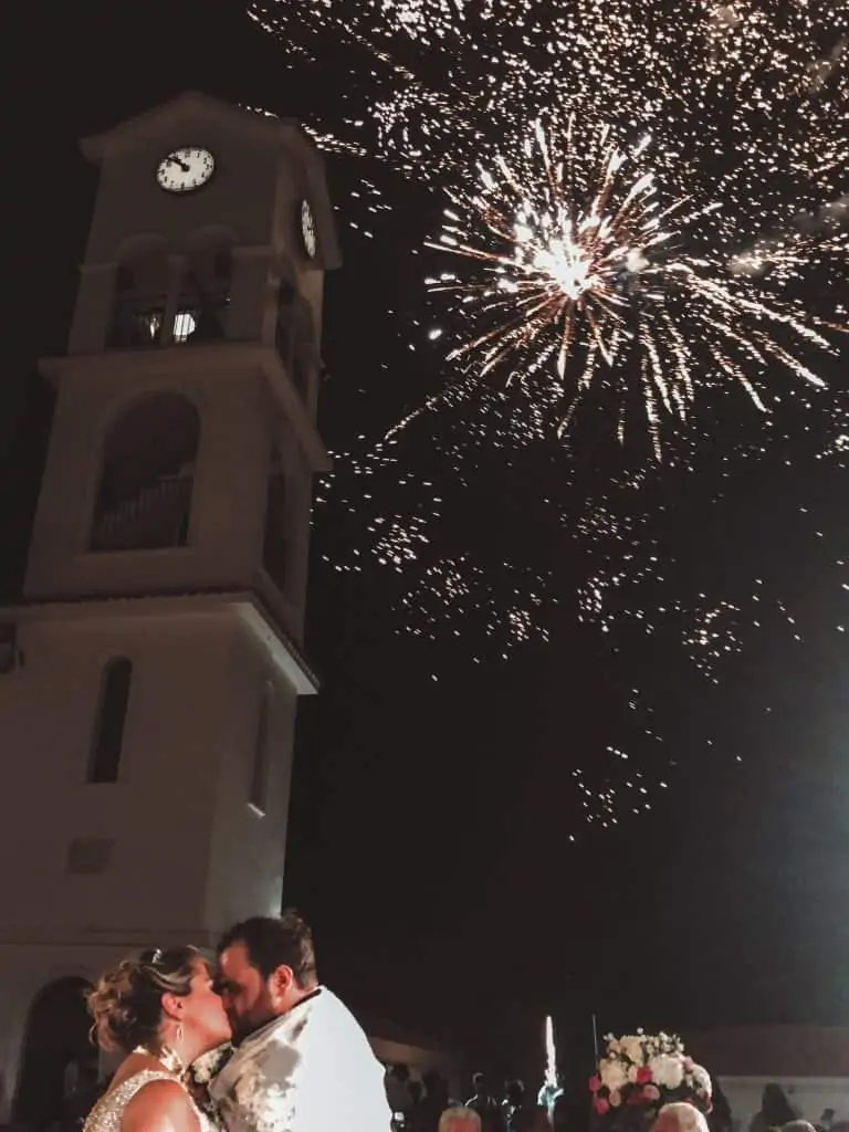 traditional Greek wedding church and fireworks